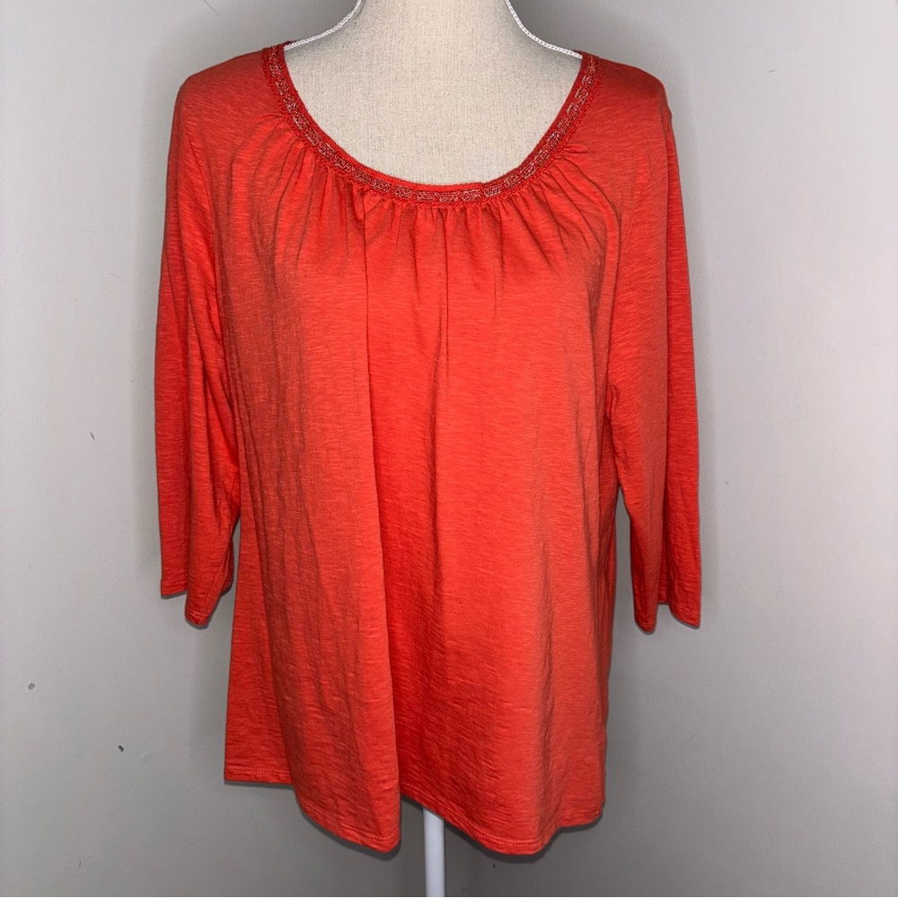 Coldwater Creek red-orange 3/4 sleeve crochet neck knit tee shirt size XL 16